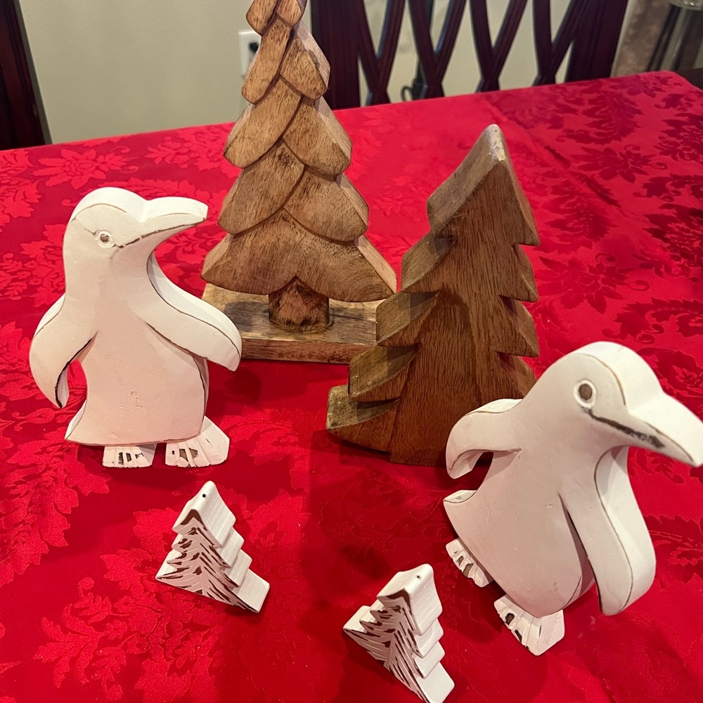 Vintage White Christmas WOODEN Penguins And Wooden Pine Trees. 9 Inches